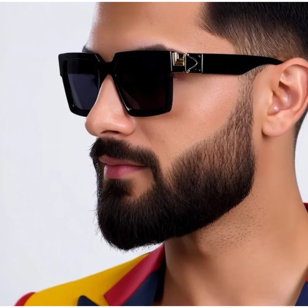 Mens Square Sunglasses Black Gold‎ Accents Designer Fashion Shades Hip Hop Cholo
